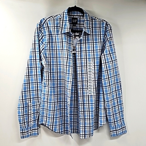 GAP Blue Plaid Button Front Stretchy Casual Shirt - Picture 1 of 16